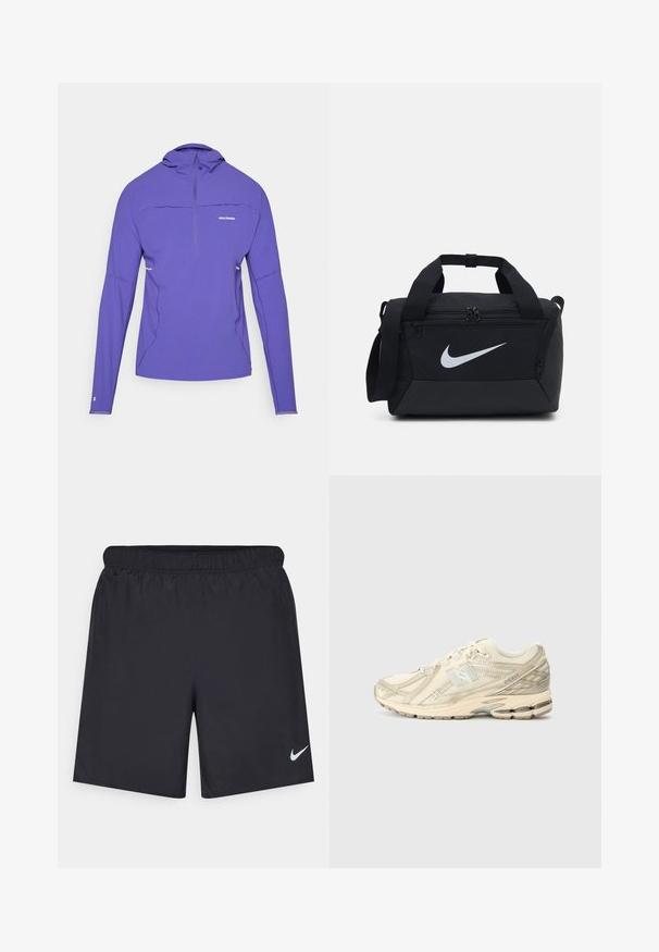 Μωβ μακρυμάνικο πόλο με μισό φερμουάρ, κατασκευασμένο από ελαφρύ υλικό, με επίπεδες ραφές και ανακλαστικές λεπτομέρειες.; Μαύρες αθλητικές βερμούδες από ελαφρύ υλικό με ελαστική μέση. Διαθέτουν ένα μικρό λευκό λογότυπο Nike στην κάτω αριστερή πλευρά.; Μπεζ αθλητικά παπούτσια με άνω μέρος από διχτυωτό υλικό, ελάχιστα φινιρίσματα, υφασμάτινη σόλα και διακριτικό λογότυπο 'N' στο πλάι. Ελαφριά σχεδίαση για άνεση.; Μαύρη τσάντα duffel με απαλό ύφασμα, διπλές διαμερίσματα με φερμουάρ, μαλακούς ιμάντες και μεγάλο λευκό λογότυπο Nike μπροστά.