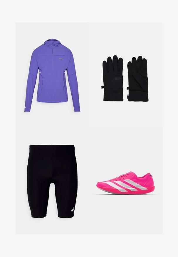 Ljubičasti pulover dugih rukava s polu-zip ovratnikom, napravljen od laganog materijala, s ravnim šavovima i reflektirajućim detaljima.; Crne sportske kratke hlače napravljene od rastezljivog materijala, s uskim krojem, dužinom do koljena i malim bijelim logotipom sa donje strane.; adidas Performance ADIZERO ADIOS 9 M - Tenisice za trening - shock pink/metallic/silver violet; Crne rukavice od rastezljivog materijala, s elegantnim dizajnom. Značajke uključuju vrhove kompatibilne sa zaslonom osjetljivim na dodir i naglašene teksturirane gripove.
