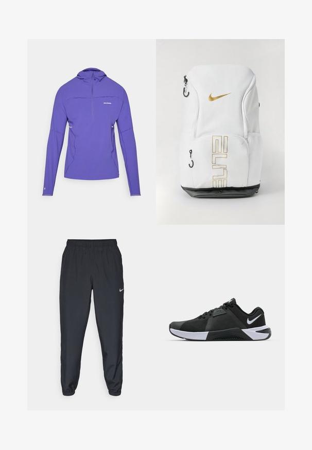 Lilla pikka varrukaga pullover, millel on pool-äkkkaelus, valmistatud kerge materjaliga, tasaste õmblustega ja peegeldavate detailidega.; Kerged mustad spordipüksid, mis on valmistatud kerge kangaga, elastse vöökoha, pahkluude mansettide ja diskreetse Nike logo abil vasakul külgedel.; Nike Performance METCON 10 - Treeningjalatsid - black/white/anthracite; Nike seljakott valge värviga, kuldse logo ja "ELITE" tekstiga, tõmblukkidega, võrkküljetaskutega ja musta alusega. Sile tekstuur.