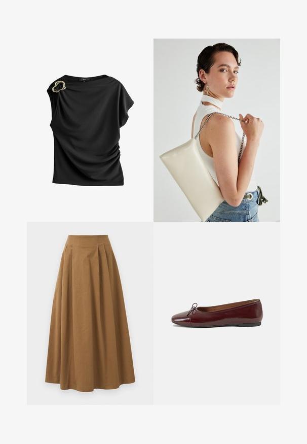 Črna bluzica iz gladkega blaga, z drapirano zasnovo, kratkimi rokavi in edinstvenim zlatim kovinskim dodatkom na rami.; Rjava bombažna A-linijska krila z visokim pasom, ki vključuje naborke spredaj in gladko teksturo. Robovi so čisti in preprosti.; Burgundska patenti usnjeni baletni čevlji z zaobljenim prstom, majhnim lokom na sprednji strani in nizkim črnim gumijastim podplatom. Gladka tekstura.; Bela pravokotna torbica za ključe iz sijajnega materiala, opremljena s srebrno verižico. Model pozira in prikazuje torbico na enobarvni podlagi.
