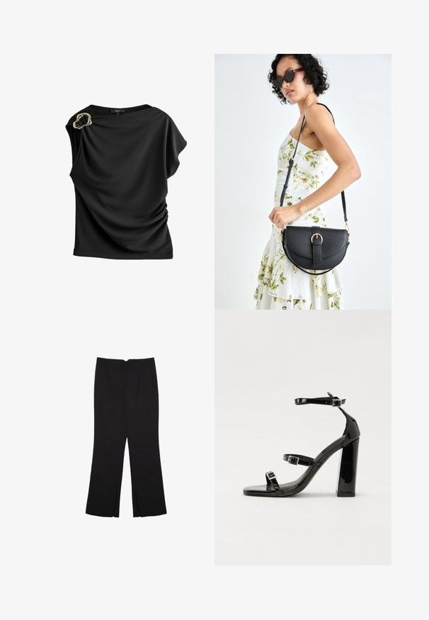 Mustat puserot, jotka on valmistettu sileästä kankaasta, joissa on laskostettu muotoilu, lyhyet hihat ja ainutlaatuinen kultainen varuste olkapäällä.; Mustat housut suoralinjaisella leikkauksella, joissa on etutaskut ja sivurei'ät helman alla. Valmistettu pehmeästä ja sileästä kankaasta. Sopii eri tilaisuuksiin.; Musta kiiltävä korkokenkä sandaalit neliönmuotoisella varpaalla, nilkkaremmillä ja hopeisilla soljilla. Varustettu tukevalla lohkokorkealla vakauden takaamiseksi.; Musta nahkainen käsilaukku, joka on kaareva muotoilultaan, irrotettavalla hihnalla ja kultaisilla yksityiskohdilla. Laukussa on läppä, jossa on solk yksityiskohta.