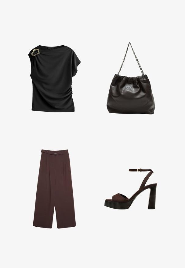 Blusa nera realizzata in tessuto liscio, con design drappeggiato, maniche corte e un'unica accentatura in metallo dorato sulla spalla.; Stradivarius WIDE-LEG WITH BUCKLE DETAIL - Pantaloni - dark brown; Sandal in camoscio marrone con tacco alto, punta aperta, cinturino alla caviglia regolabile e suola a piattaforma striata.; Borsa in pelle marrone con parte superiore arricciata e tracolla a catena. Texture liscia con finitura lucida e dettagli di cucitura sottili sui lati.