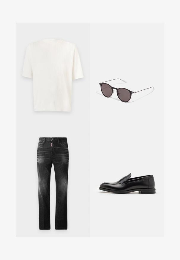 Top de malha canelada de manga curta branca. Decote redondo e textura suave. Corte reto com um brilho subtil. Design leve e versátil.; Jeans de denim preto com um corte reto. Apresentam áreas desbotadas, ligeira degradação, design clássico de cinco bolsos e um fecho de botão.; Mocassins de couro preto com uma textura suave, bico arredondado e uma faixa decorativa sobre o peito do pé. Salto baixo e empilhado, design minimalista.; Óculos de sol redondos pretos com lentes escuras e hastes metálicas finas. Inclui pontas de templo transparentes e detalhes em prata na dobradiça. Design minimalista.