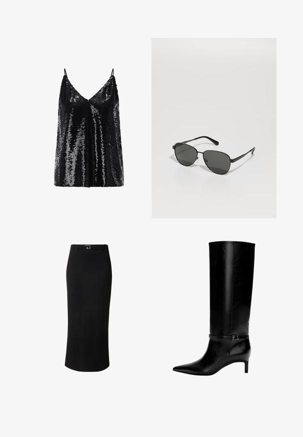 Black sequin camisole top with a V-neckline and adjustable spaghetti straps, featuring a shimmering, textured surface.; White long-sleeve button-up shirt with a pointed collar and curved hem, displayed against a plain background.; Black pencil skirt made of smooth fabric, featuring a mid-length design, belt loops, and a silver-toned rectangular buckle detail.; Black leather knee-high boot with pointed toe and a small heel. Features a narrow strap with a metallic buckle around the ankle. Smooth texture.; Black metal frame sunglasses with gray lenses, featuring an oval shape, thin arms, and adjustable nose pads. Minimalistic design.; Black leather handbag with a unique fan shape, featuring flat handles. The surface has a pebbled texture and a minimalistic design.