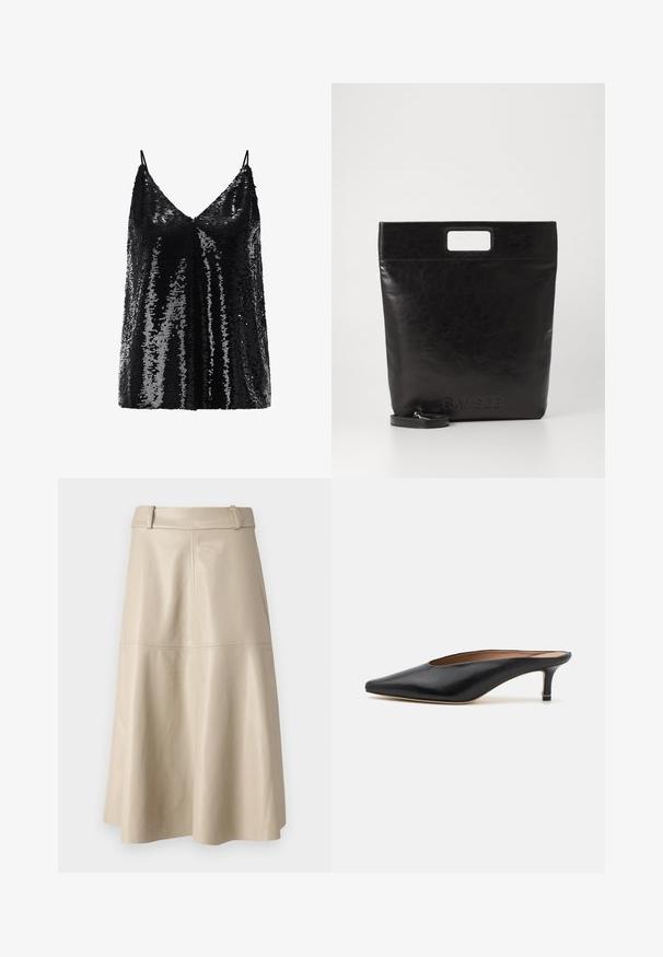 Schwarzes Paillettentop mit V-Ausschnitt und verstellbaren Spaghetti-Trägern, das eine schimmernde, strukturierte Oberfläche aufweist.; Beige Leder-Midi-Rock mit glatter Textur, weitem Bund und ausgestellt geschnittenem Saum; mit gesteppten Nähten für zusätzlichen Detailreichtum.; Schwarze Leder-Mules mit spitzem Zehenbereich und niedrigem Blockabsatz. Glatte Textur mit elegantem Design. Offene Rückseite mit minimaler Gestaltung.; Schwarze Leder-Tote-Tasche mit einem quadratischen Griff, ausgestattet mit einer strukturierten Oberfläche und geprägtem Logo. Inklusive abnehmbarem Tragegurt.