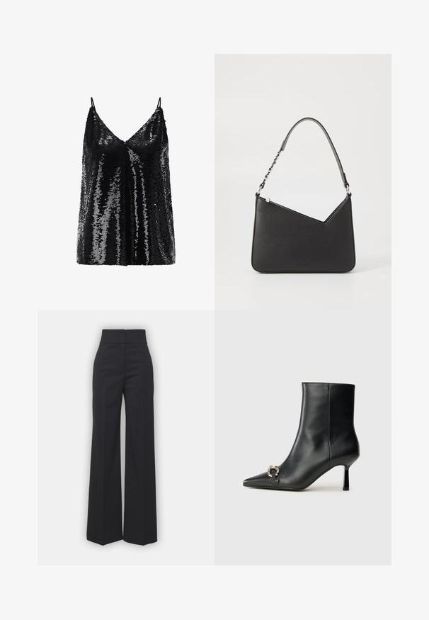 Camisola nera in paillettes con scollatura a V e spalline regolabili, caratterizzata da una superficie luccicante e texture.; Pantaloni a gamba larga in tessuto nero con vita alta, caratterizzati da una finitura pulita e una texture liscia. Nessun hardware visibile o motivi.; Stivale alla caviglia in pelle nera con punta affusolata, tacco sottile di media altezza e dettaglio in fibbia argentata sul lato, su sfondo semplice.; Borsa a mano in pelle nera con forma triangolare, una tracolla sottile e accessori in argento. Presenta una chiusura con zip e un logo impresso sul davanti.