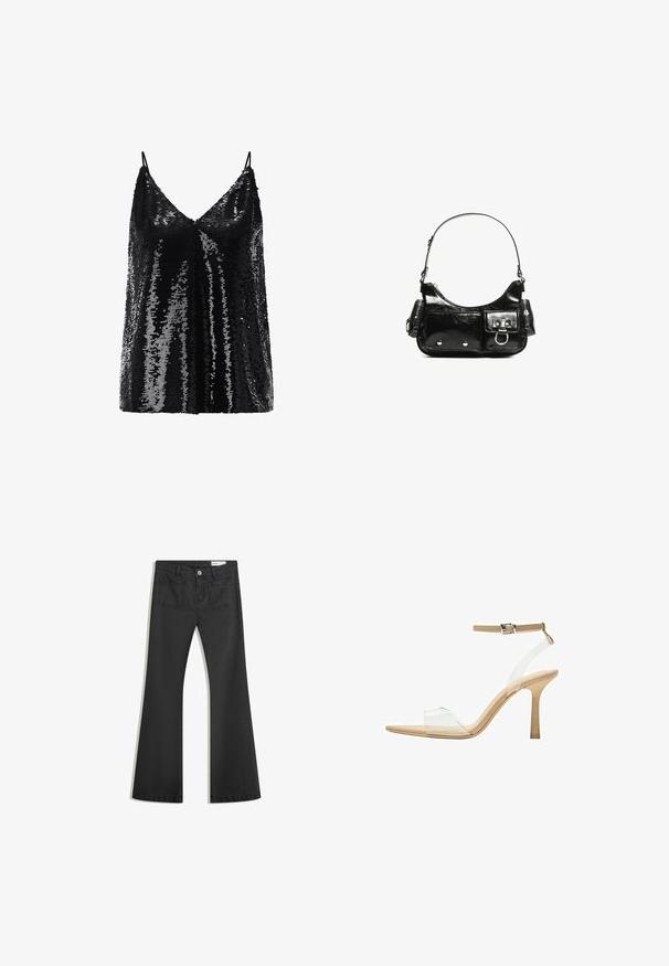 Musta paljeteilla varustettu toppi V-pääntielle ja säädettävillä spagettiolkahihnoilla, jossa on hohtava ja teksturoitu pinta.; Mustat leveälahkeiset farkut, jotka on valmistettu sileästä denimmateriaalista. Farkuissa on kaksi takataskua ja nappikiinnitys vyötäröllä.; Kirkas korkokenkä läpinäkyvällä varrella, beigellä pohjalla ja hoikalla nilkkahihnalla. Ominaisuuksiin kuuluu terävä kärki ja ohut korkea korko.; Mustekko mustasta kiiltonahasta valmistettu käsilaukku, jossa on kaareva muoto, yksi olkahihna, etutaskut ja hopeanväriset yksityiskohdat.