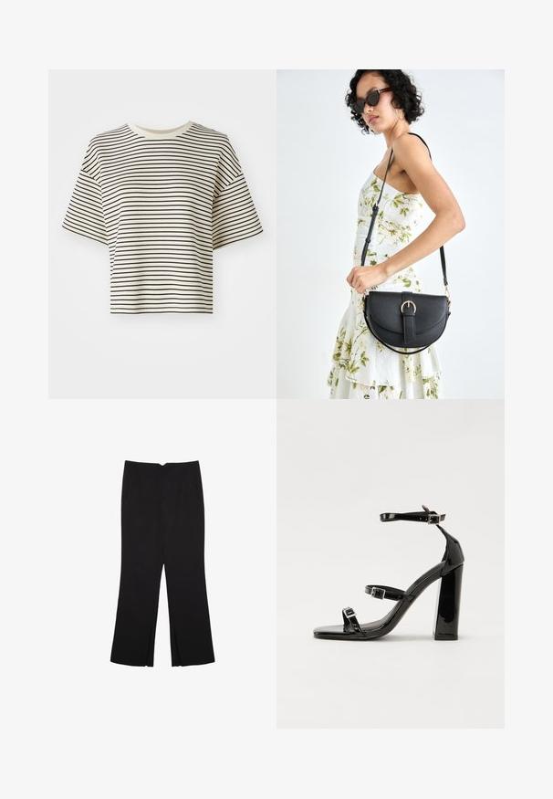 Stribet cropped t-shirt med korte ærmer. Farve: off-white bund med tynde sorte vandrette striber. Materialet ser blødt ud, med en glat tekstur.; Sorte bukser med lige pasform, der har frontlommer og slidser i kanten. Lavet af blødt, glat stof. Velegnet til forskellige anledninger.; Sorte patenterede hælsandaler med firkantet tå, ankelremme og sølvspænder. Har en chunky blokHæl for stabilitet.; Sort læderhåndtaske med en buet form, aftagelig rem og guldfinish. Tasken har en klap med en spænde detalje.