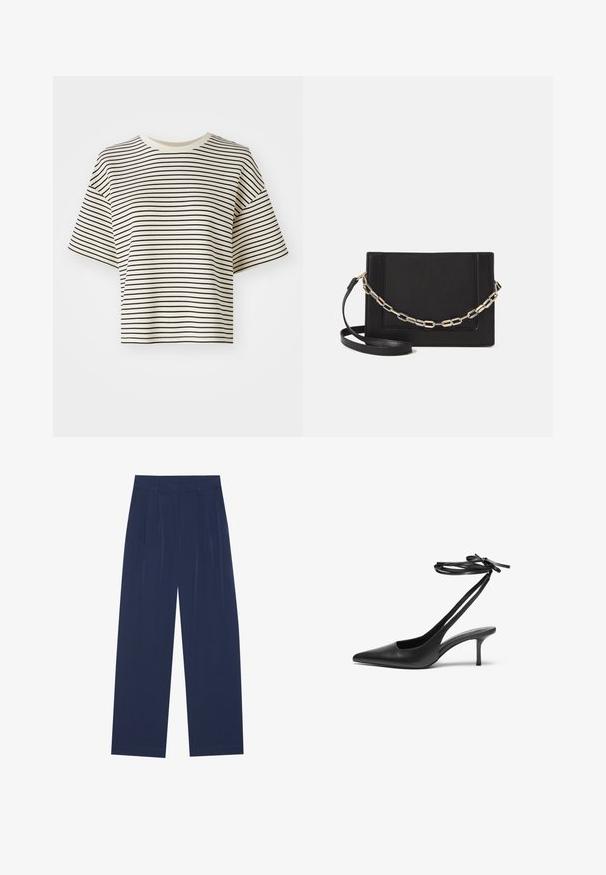 Prugasta skraćena majica s kratkim rukavima. Boja: off-white osnova s tankim crnim horizontalnim prugama. Materijal izgleda mekan, s glatkom teksturom.; Tamno plave hlače širokih nogavica, izrađene od mekog materijala, s prednjim nabora, glatke teksture i ravnog kroja bez vidljivih džepova.; Crne kožne štikle s šiljastim vrhom, otvorenim leđima i remenčićima koji su vezani u mašnu. Tanak potplat visine 7,5 cm. Glatka tekstura, minimalistički dizajn.; Crna kožna torba preko tijela s glatkom teksturom, pravokutnim oblikom i metalnim lancem na prednjoj strani. Uključena je podesiva naramenica.; Srebrna dvostruka prsten s glatkom, poliranom površinom. Karakterizira ga fluidan, zakrivljen dizajn s preklapajućim sekcijama za moderan izgled.