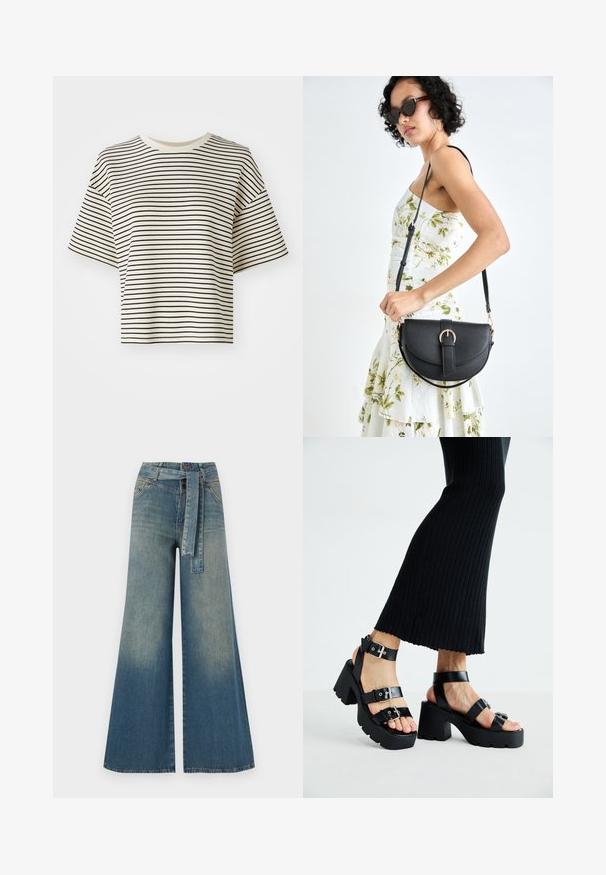 Rūtainā īsa t-krekls ar īsām piedurknēm. Krāsa: balta bāze ar plānām melnām horizontālām svītrām. Materiāls izskatās mīksts, gluds.; Platām kājām džinsu bikses ar gaismas līdz tumši zilam gradientam, augstu jostas līniju, jostas cilpām un atbilstošu auduma jostu. Tekstūrēts džinsas apdare.; Melnas platforma siksnas ar masīviem, zolei ar iegriezumiem un daudzām siksnām, kurām ir metāla sprādzes un gluda ādas līdzīga tekstūra.; Melnas ādas rokassoma ar izliekta formu, noņemamu siksnu un zelta aksesuāriem. Somai ir vāciņš ar sprādzes detaļu.