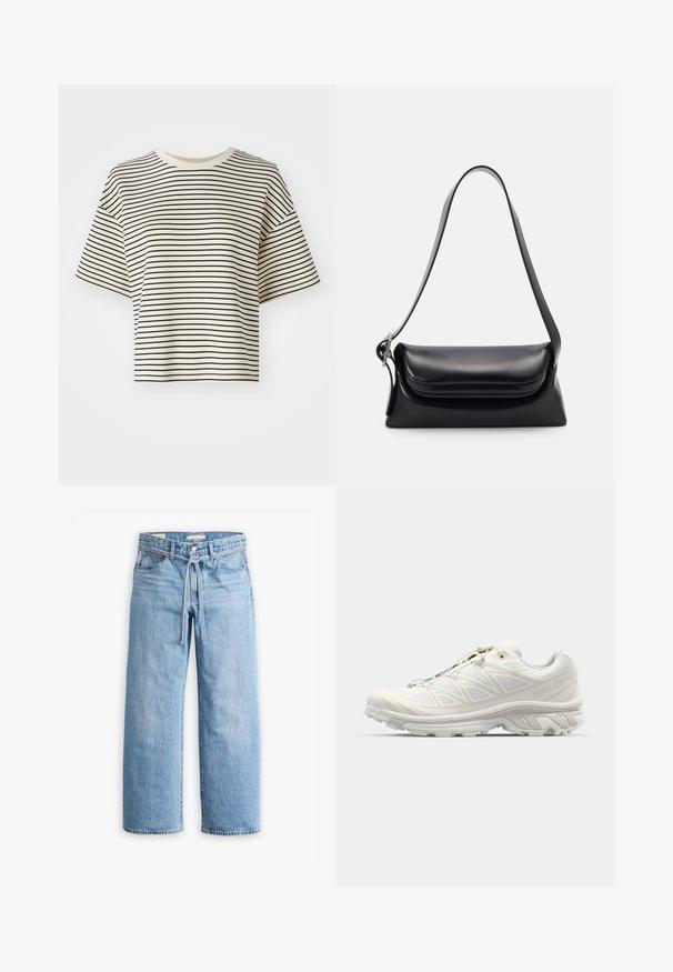 Stripet, avskåret t-skjorte med korte ermer. Farge: off-white base med tynne, svarte horisontale striper. Materialet ser mykt ut, med en glatt tekstur.; Lyseblå denim vidbukser med høyt liv, knapp- og glidelås-stenging, samt snøring i midjen. Rå kantfinish.; Hvit løpesko med pustende mesh-overdel, teksturerte detaljer og polstret såle. Har et hurtiglissesystem for enkel tilpasning.; Svart lærveske med en strukturert form, en jevn tekstur og en enkelt skulderrem. Har et subtilt, avrundet klaffdesign.