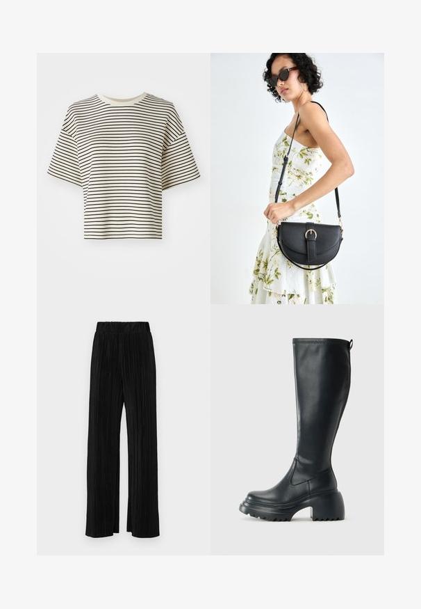 Dryžuotas trumpas marškinėliai su trumpomis rankovėmis. Spalva: kreminė bazė su plonomis juodomis horizontaliomis juostelėmis. Medžiaga atrodo minkšta, lygi tekstūra.; Juodi plisuoti kelnės su elastine juosta. Turėkite plačias kojas ir glotnų, tekstūrinį audinį su vertikaliais dryžiais.; Ilgas juodos odinės batai su masyvi platforma ir stačiakampiu kulnu, turintys traukimo kilpą ir tekstūruotą pado raštą.; Juodas odinis krepšys su išlenkta forma, nuimamu dirželiu ir auksiniais detalėmis. Krepšys turi kilpą su sagtimi.