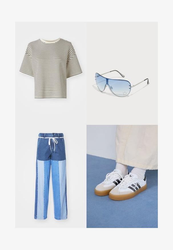 Striped cropped t-shirt with short sleeves. Color: off-white base with thin black horizontal stripes. Material appears soft, smooth texture.; Blue denim pants featuring a patchwork design with varying shades of blue, a drawstring waist, and loose, straight-cut legs.; White sneakers with black stripes and beige suede accents. Feature a textured gum sole and flat white laces, worn with light-colored socks.; Aviator sunglasses featuring a gradient blue lens, silver metal frame, and decorative star accents on the lens. Smooth and sleek design.