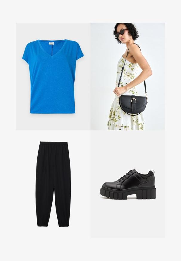 Kék V-nyakú póló rövid ujjal, puha, strukturált anyagból készült, finom heather mintával és laza szabással rendelkezik.; Fekete, könnyű nadrág elasztikus derékkal és ráncolt bokákkal. Az anyag sima és laza, szűkített dizájnnal rendelkezik.; Fekete bőr platform cipők vaskos blokk sarkakkal, kerek orral és hagyományos fűzős kialakítással. Simára csiszolt felület és minimális részletezés jellemzi.; Fekete bőrtáska ívelt formával, levehető pánttal és arany színű fémrészekkel. A táskán egy csattal díszített fedél található.