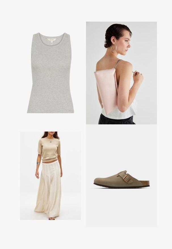 Siv šeširast top z okroglim izrezom, prilegajočega kroja in brezrokavnim oblikovanjem. Narejen iz mehke tkanine z gladko teksturo.; Bež pletena majica s kratkimi rokavi, v kombinaciji z dolgo, rahlo krilo v smetani barvi, ki ima vertikalne gubice in gladko teksturo.; Rjave klompice z gladko, matirano površino. Na strani imajo izrazit bronast sponko. Korkov vložek in gumijast podplat za udobje.; Roza usnjena torbica pravokotne oblike, srebrna verižica, gladka tekstura, nošena na hrbtu. Preprost dizajn brez vidnih vzorcev.