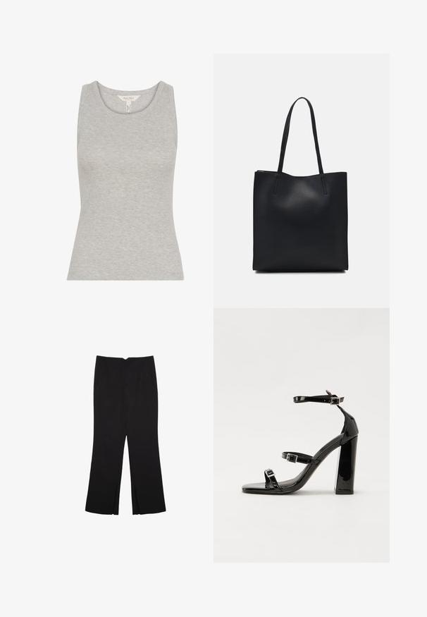 Harmaa ribattu tanktoppi, jossa on pyöreä pääntie, istuva muoto ja hihaton muotoilu. Valmistettu pehmeästä kankaasta, jossa on sileä pinta.; Mustat housut suoralinjaisella leikkauksella, joissa on etutaskut ja sivurei'ät helman alla. Valmistettu pehmeästä ja sileästä kankaasta. Sopii eri tilaisuuksiin.; Musta kiiltävä korkokenkä sandaalit neliönmuotoisella varpaalla, nilkkaremmillä ja hopeisilla soljilla. Varustettu tukevalla lohkokorkealla vakauden takaamiseksi.; Mustapahkainen kangaskassi, jossa on sileä pinta, suorakaiteen muotoinen ja kaksi pitkää kahvaa. Ei näkyvää metalliosaa tai koristeita.