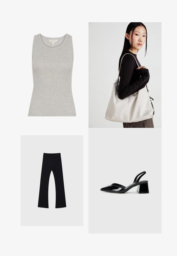 Canotta grigia a coste con collo a giro, forma aderente e design senza maniche. Realizzata in tessuto morbido con una texture liscia.; Pantaloni yoga neri con vita alta, realizzati in tessuto elastico, presentano un design a gamba svasata e una superficie liscia in tutto il capo.; Décolleté in vernice nera con punta affusolata e tacco in geometria cubica. Presentano un design elegante e minimalista, con una texture liscia.; Borsa a mano beige realizzata in materiale morbido, caratterizzata da un design morbido, dettagli cuciti e due manici. Adatta per l'uso quotidiano.