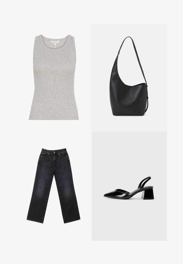 Harmaa ribattu tanktoppi, jossa on pyöreä pääntie, istuva muoto ja hihaton muotoilu. Valmistettu pehmeästä kankaasta, jossa on sileä pinta.; Korkeavyötäröiset mustat farkut, joissa on leveä lahje, viisi taskua ja näkyvät tikkaukset. Kangas on sileä, hieman teksturoitu pinnaltaan.; Mustat patentoitu nahkakengät, joissa on säären takaosa ja terävä kärki, sekä geometrinen palikkakorko. Sisältää tyylikkään, minimalistisen muotoilun ja sileän pinnan.; Musta nahkainen hobo-laukku, jossa on sileä pinta, kaareva muoto ja yksi säädettävä olkahihna; sisäänkäynti on leveä ylhäältä.