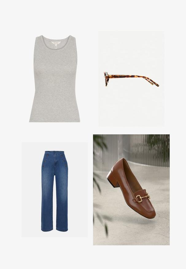 Top fără mâneci, gri, cu model în relief, de tip tank, cu guler rotund, cu o formă ajustată. Realizat dintr-un material moale, cu o textură netedă.; Jeans din denim cu talie înaltă, de culoare albastru mediu. Prezintă accente cu buton în față și un design cu picioare late. Materialul are o textură netedă, cu o ușoară decolorare.; Mocasini din piele patent cafenie, cu vârf pătrat, accent cu lanț metalic și toc mic; textură netedă, design minimalist.; Ochelari de soare cu ramă de țestoasă, cu un cadru gros, temple ușor curbate și textură netedă. Prezintă un design clasic, cu o finisare lucioasă.