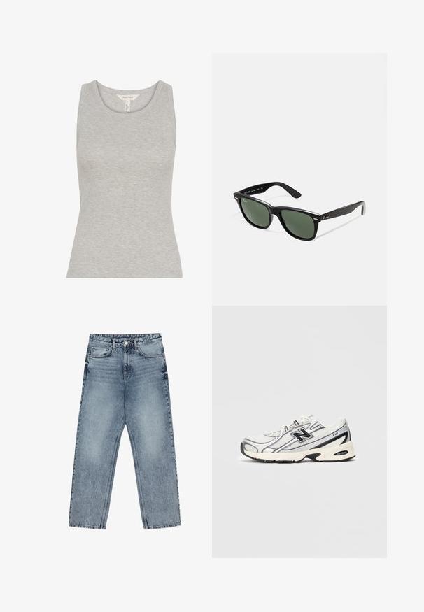 Grauer, gerippter Tanktop mit Rundhalsausschnitt, figurbetontem Schnitt und ärmellosem Design. Hergestellt aus einem weichen Stoff mit glatter Textur.; Hellblaue Jeans aus Denim mit geradem Schnitt, sichtbaren Nähten, fünf Taschen-Design und einem Knopfverschluss an der Taille.; Weißer und grauer Sportschuh mit schwarzem "N"-Logo, Obermaterial aus Mesh, gepolsterter Sohle und Schnürdesign, auf einem einfachen hellgrauen Hintergrund abgebildet.; Schwarze Plastiksonnenbrille mit grünen Gläsern, quadratischen Rahmen, silbernem Akzent auf der Augenbraue und strukturierten Bügeln. Angegebene Marke auf dem inneren Bügel.