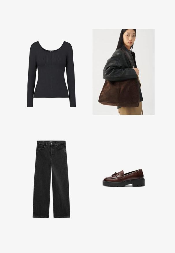 Schwarzes geripptes Langarmoberteil mit U-Ausschnitt. Das Material ist weich und dehnbar und weist im gesamten Stoff eine vertikale Ripptextur auf.; Weite schwarze Denim-Jeans mit feinem vertikalen Streifenmuster, ausgestattet mit einem Fünf-Taschen-Design und einem klassischen Knopfverschluss an der Taille.; Braune Lederloafers mit einem eleganten Design, kontrastierender schwarzer Plateau-Sohle und dekorativem Quastenakzent auf dem Blatt. Glatte Oberfläche.; Braune Wildleder-Tasche mit breiter Form und weicher Textur, ausgestattet mit einem einzigen Tragegurt und minimalem Zubehör vor einem neutralen Hintergrund.