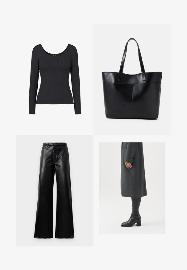 Musta kapea pitkähihainen paita, jossa on avara kaula-aukko. Materiaali on pehmeä ja joustava, ja siinä on pystysuuntainen ribbitekstuuri kauttaaltaan.; Mustat korkeat leveät keinonahkahousut, joissa on etupainike, vetoketjukiinnitys, vyölenkit ja sivutaskut valkoista taustaa vasten.; Harmaa, muotoiltu pitkätakki suoran leikkauksen kanssa; yhdistetty polven yli yltäviin mustiin nahkasaappaisiin, joissa on neliön muotoinen kärki ja paksu kanta.; Musta nahkainen kassi, jossa on kaksi pitkää kahvaa, sileä pinta ja jämäkkä muoto. Sisältää etutaskun lisävarastointia varten.