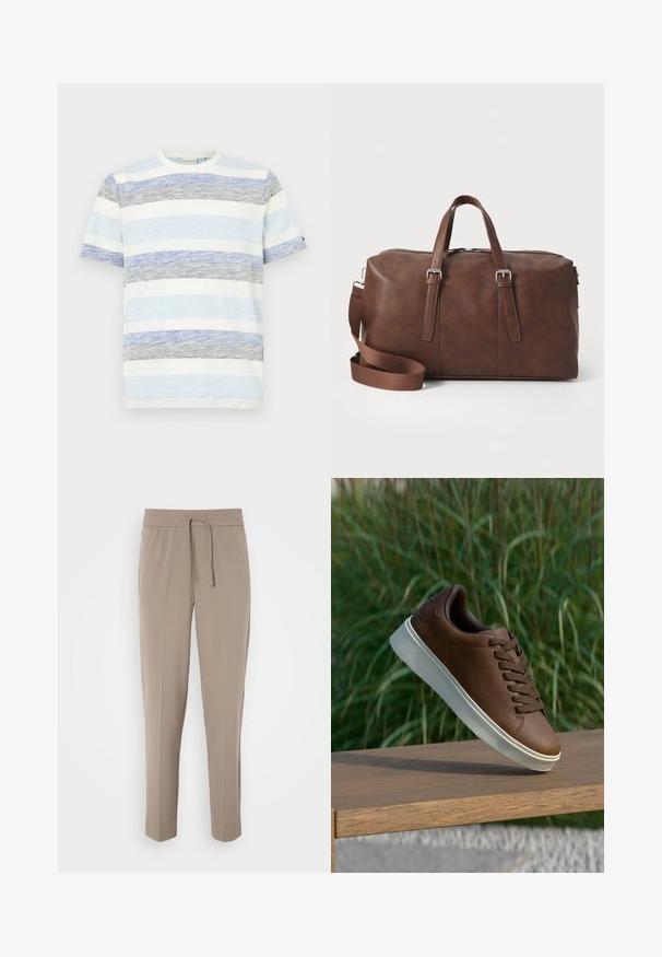 Dryžuota marškinėliai, kuriuose dominuoja mėlyna, pilka ir balta spalvos, trumpomis rankovėmis, apvaliu iškirpimu ir minkšta, tekstūruota medžiaga.; Šviesiai beigės kelnės su elastiniu juosmeniu, reguliuojama raišteliu ir siaurėjantys kojomis. Audinys atrodo lygus su švelniu blizgesiu.; Rudos odinės sportinės bateliai su balta guma padais, suapvalinta nosimi ir rudomis raišteliais. Tekstūruota atrama ant padais ir lygus paviršius viršuje.; Ruda odinė sportinė kuprinė su viršutinėmis rankenomis, nuimamu diržu, užtrauktuko uždarymu ir lygiu paviršiumi. Minimalistinis dizainas be matomų logotipų.