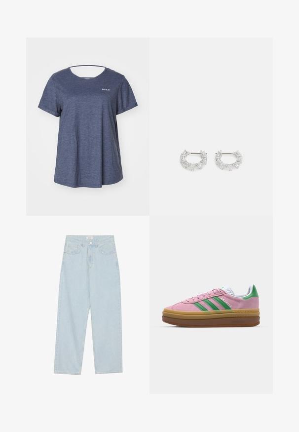 Roxy DREAMING WAVE - Basic T-shirt - mood indigo; Light blue wide-leg jeans made of denim, featuring a mid-rise waist, five pockets, and a button closure with a slim metal accent.; Pink suede sneakers with green stripes, white accents, and a brown rubber sole. Features textured fabric and logo detailing on the side.; Silver hoop earrings featuring rectangular and triangular clear crystals arranged in a circular pattern with a central post for fastening.