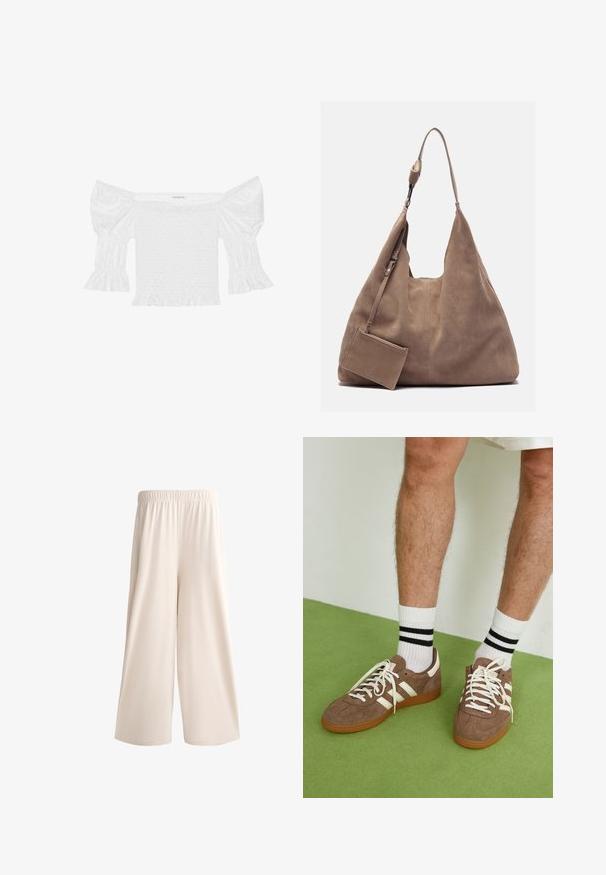 Top alb, cu umerii goi, cu mâneci bufante, cu un corset plisat și un tiv cu volane. Fabricat din bumbac texturat, cu detalii din dantelă.; Pantaloni cremoși cu croială largă, cu un cordon elastic în talie, confecționați dintr-un material neted, având o tăietură relaxată și fără buzunare sau elemente decorative vizibile.; Adidași maro din suede cu accente și șireturi albe. Talpă din cauciuc de culoare caramel. Purtați cu șosete albe cu dungi negre. Pardoseală verde texturată.; Zign LEATHER - Geantă de pânză - light brown; Ceas cu bratara din piele maro, cu carcasă aurie pătrată, cadran alb și cifre romane, purtat pe o mână cu o rochie lungă cu model.; Cercei aurii în formă de scoică, cu o picătură de perlă albă. Designul scoicii are detalii texturate, în timp ce perla are o suprafață netedă.