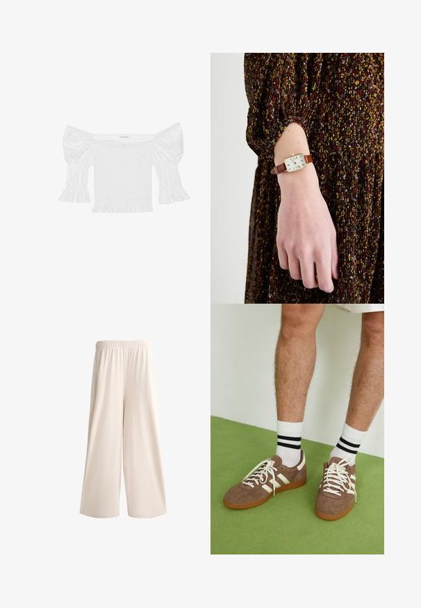 Biała bluzka bez ramiączek z bufiastymi rękawami, marszczonym górnym elementem i falbaniastym dołem. Wykonana z teksturowanej bawełny z detalami w otworach.; Szerokie, kremowe spodnie z elastycznym pasem, wykonane z gładkiego materiału, charakteryzujące się luźnym krojem i brakiem widocznych kieszeni lub ozdób.; Brązowe zamszowe sneakersy z białymi akcentami i sznurówkami. Gumowa, brązowa podeszwa. Noszone z białymi skarpetkami w czarne paski. Zielona teksturowana podłoga.; Brązowy skórzany zegarek na pasku ze kwadratową złotą kopertą, białą tarczą i cyframi rzymskimi, noszony na ręce w wzorzystej sukience z długim rękawem.; Złote kolczyki w kształcie muszli z pojedynczym białym perłowym zwisem. Projekt muszli charakteryzuje się teksturowanym wykończeniem, podczas gdy perła ma gładką powierzchnię.