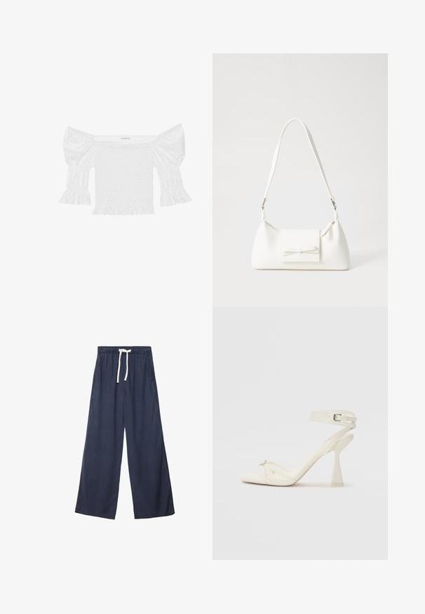 Hvid off-the-shoulder top med puffærmer, smocked korsettering og flared ruffle kant. Lavet af struktureret bomuld med eyelet detaljer.; Mørkeblå vide bukser lavet af et blødt, tekstureret stof. Har en elastisk talje med snoretræk og sidelommer.; Sandal med høj hæl i hvid læder med et elegant design, en transparent blokhæl og et dekorativt element ved tåen.; Hvid syntetisk håndtaske med en trekantet form, flad forsideklap og sløjfedetalje, justerbar strop, glat tekstur og minimalistisk design.