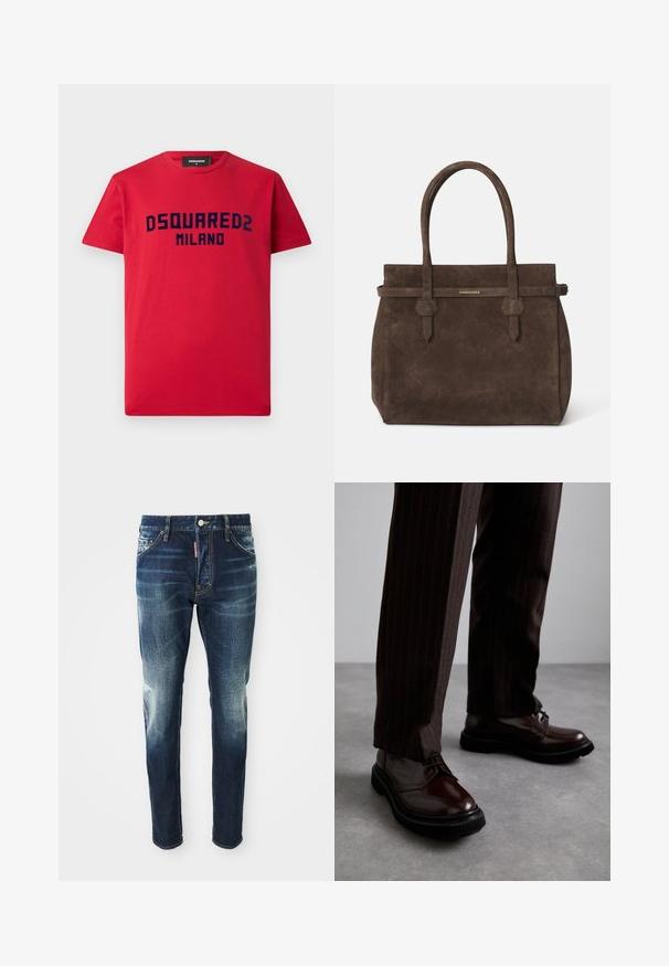 T-shirt di cotone rosso con maniche corte, dotato di logo blu navy "DSQUARED2 MILANO" sul petto. Design classico con colletto girocollo.; Jeans in denim blu scuro con una vestibilità slim, con zone sbiadite sulle cosce e sulle ginocchia, cinque tasche e chiusura con bottone metallico.; Scarpe stringate in pelle marrone con finitura lucida, suola in gomma nera e cuciture sottili. Indossate con pantaloni marroni a righe.; Borsa a spalla in suede marrone scuro con doppi manici e una tracolla orizzontale, dotata di una piccola placca con il logo DSQUARED2 in oro.