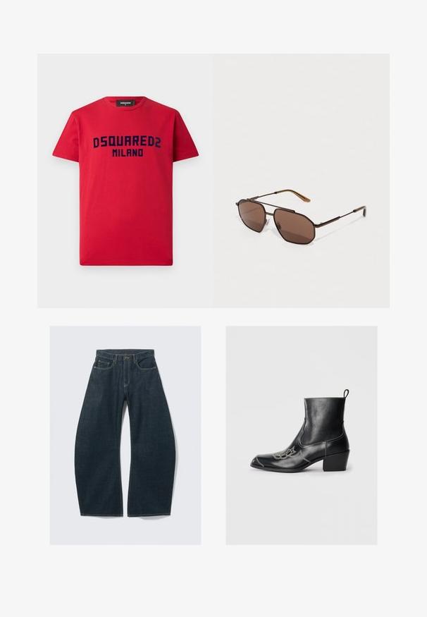 Red cotton t-shirt with short sleeves, featuring navy blue "DSQUARED2 MILANO" logo across the chest. Classic crew neck design.; Dark blue wide-leg jeans made from denim, featuring five pockets, visible stitching, a button closure, and a clean finish.; Black leather ankle boots with a square toe, decorative stitching, and a low block heel. Features a pull tab for easy wear.; Brown octagonal sunglasses with a thin black metal frame, accented by brown temples. Dark tinted lenses provide UV protection.