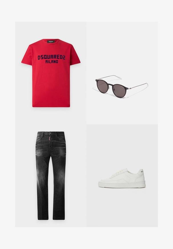 Rotes Baumwoll-T-Shirt mit kurzärmeligen Ärmeln, mit einem navyblauen "DSQUARED2 MILANO"-Logo auf der Brust. Klassisches Rundhalsdesign.; Schwarze Jeans aus Denim mit geradem Schnitt. Verfügt über ausgebleichte Bereiche, leichte Abnutzung, klassisches Fünf-Taschen-Design und einen Knopfverschluss.; Weiße Ledersneaker mit glatter Oberfläche, runder Zehenpartie, flachen Schnürsenkeln und strukturiertem Sohlenprofil. Mit einem dezenten Logo an der Ferse.; Schwarze runde Sonnenbrille mit dunklen Gläsern und schlanken Metallbügeln. Enthält klare Tempelspitzen und silberne Akzente am Scharnier. Minimalistisches Design.