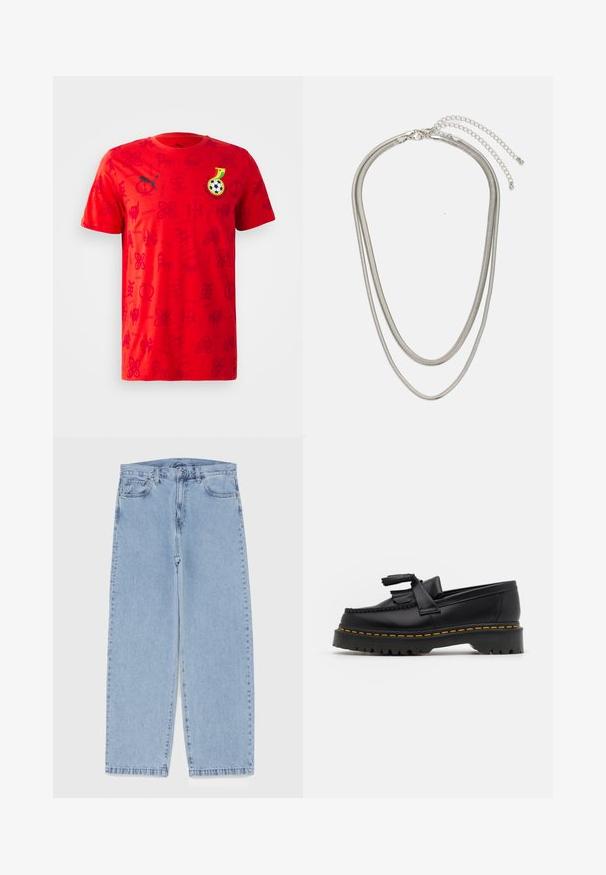 Rdeča kratka majica s kratkimi rokavi, ki prikazuje tonalen grafični vzorec, črn Puma logotip ter simbol v črni, rumeni in zeleni barvi z nogometno temo.; Svijetloplave traperice s ravnim nogavicama, srednjeg struka, pet džepova te zatvaranjem na gumb i munju.; Črne usnjene loafersice s kaširanim naglasom, z debelim črnim podplatom in rumenim šivom ob robu. Teksturirana površina.; Tri-slojni srebrni kovinski ogrlica z elegantnimi, fleksibilnimi verigami z rahlim leskom, varovana z zaponko s katero se zaključi in nastavljivo verigo.