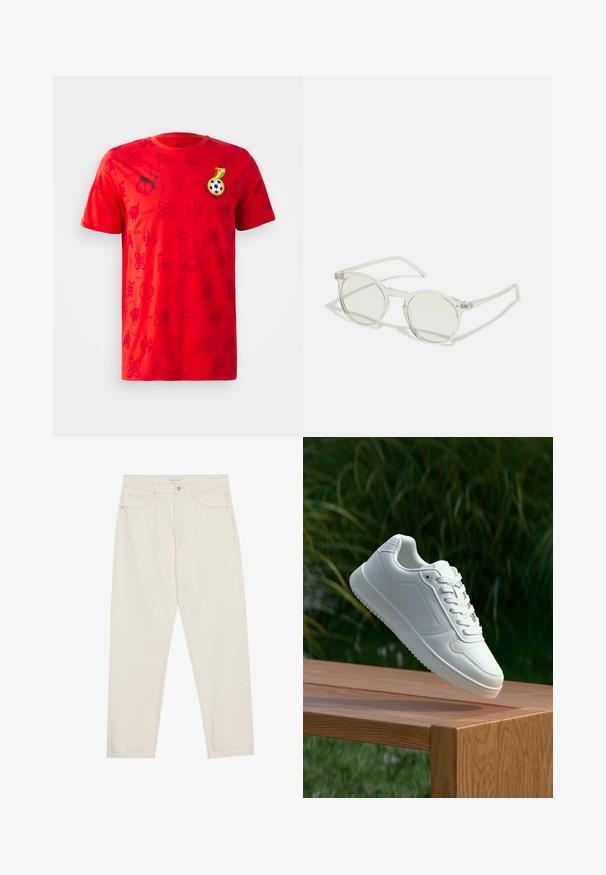 Rdeča kratka majica s kratkimi rokavi, ki prikazuje tonalen grafični vzorec, črn Puma logotip ter simbol v črni, rumeni in zeleni barvi z nogometno temo.; Beige jeans iz denima s ravnim krojem, ki ima pet žepov, gumbasto zapiranje in subtilne podrobnosti pri šivanju. Gladka tekstura.; Bela teniska s gladkim sintetičnim zgornjim delom, perforiranim prednjim delom, ravnimi vezalkami in teksturiranim podplatom, prikazana na leseni površini.; Okrogle sončna očala s prozornim okvirjem, svetlo zelenimi lečami in tankimi, prozornimi ročaji. Imajo subtilne kovinske poudarke na okviru.