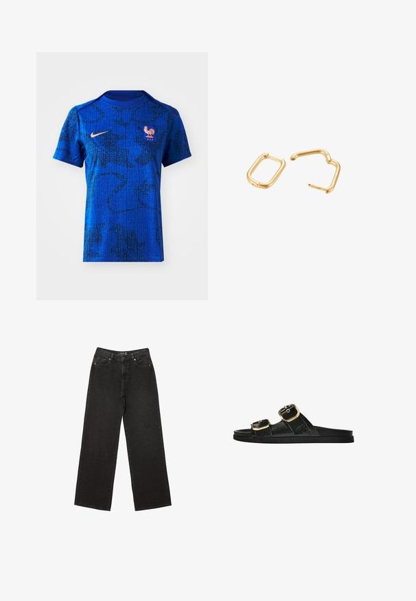 Sininen Nike-paita, jossa on musta teksturoitu kuvio, lyhyet hihat ja pyöreä kaula-aukko. Sisältää kukko-embleemin ja "FFF"-yksityiskohdan.; Mustat leveät farkut, jotka on valmistettu denimestä ja joissa on pieniä pistekuvioita, perinteinen viisi-taskuinen muotoilu sekä nappi- ja vetskarihyttys.; Musta liukusandaali, jossa on kaksi kultaisesta solkesta tehtyä korostusta, sileäpintainen materiaali, litteä pohja ja minimalistinen muotoilu.; Kultaiset metalliset rengaskorvakorut, joissa on avoin suorakulmainen muoto. Sileä pinta ja hienovaraiset kaaret nykyaikaista muotoilua varten.