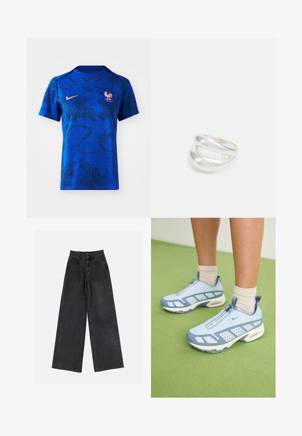 Mėlynas Nike marškinėliai su juodu tekstūriniu raštu, trumpomis rankovėmis ir apvaliu kaklu. Su gaidžio emblema ir "FFF" detale.; Juodos plačios kojų džinsai su aukštu liemeniu, klasikinio penkių kišenių dizainu ir subtiliu nusidėvėjimu. Patvari medžiaga su glotnia tekstūra.; Šviesiai mėlynos sportinės batuokai su baltais akcentais, tekstūruotais paneliais ir užtrauktuku. Yra matoma oro amortizavimo padas ir guminis padas.; Sidabrinis dvigubas žiedas su lygiu, poliruotu paviršiumi. Pasižymi sklandžiu, kreiptu dizainu su persipinančiomis dalimis, suteikiančiomis modernų išvaizdą.