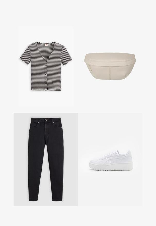 Camisa de botones de manga corta a rayas en blanco y negro con escote en forma de V y tejido texturizado. Presenta múltiples botones en la parte delantera.; Vaqueros de mezclilla negra con un diseño ajustado, cinco bolsillos y herrajes en tono plateado. Cuenta con un cierre de botón y una textura suave.; Zapatillas de plataforma blancas con una textura de cuero suave, detalles perforados y cordones planos; cuentan con una suela de goma blanca gruesa.; Funda de tela beige con forma redondeada, que presenta una parte superior plana y detalles de costura sutiles. Incluye un logotipo minimalista y una correa lateral.