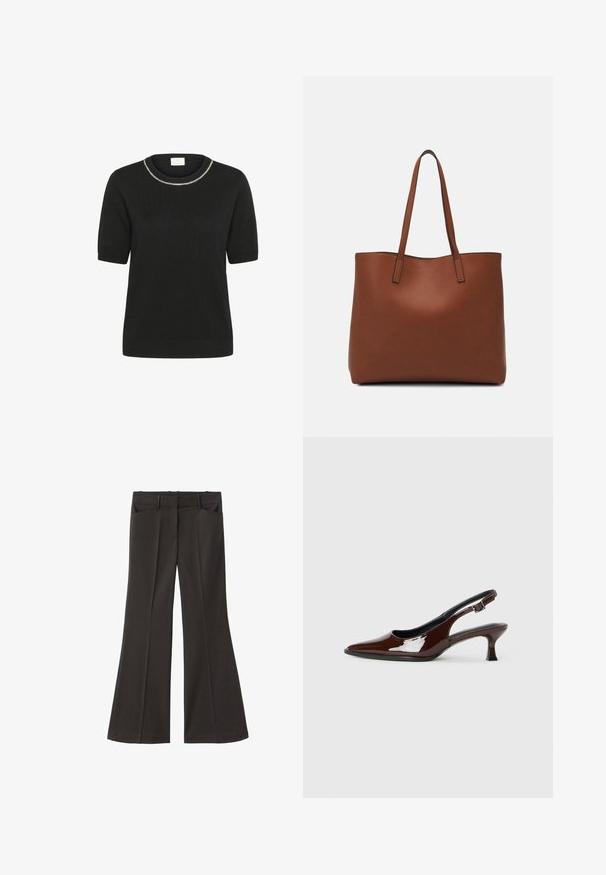 Kaffe T-shirt con stampa - black deep; Pantaloni neri a zampa d'elefante con vita alta; presentano due tasche frontali e una texture del tessuto liscia. Adatti per varie occasioni.; Scarpa slingback in pelle verniciata marrone con punta affusolata e tacco moderato. Presenta una fascia con fibbia per una calzata sicura. Tessuto liscio.; Borsa tote in pelle marrone con texture liscia, design con apertura superiore e due spallacci. Presenta cuciture minime e nessun hardware visibile.