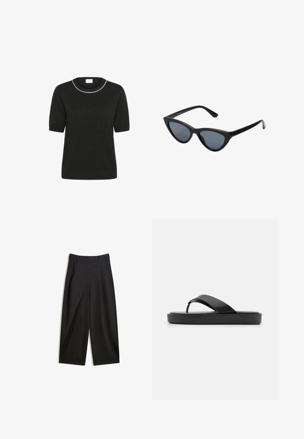 Kaffe Triko s potiskem - black deep; Černé kalhoty s širokými nohavicemi vyrobené z hladké látky. Mají přední sklady, zapínání na knoflík a upravený pas pro štíhlý střih.; Černé žabky s hladkým horním páskem a texturovanou platformou. Minimalistický design s nízkým profilem.; Černé sluneční brýle ve stylu "cat-eye" s tmavě šedými skly, elegantním plastovým rámečkem, špičatými rohy a rovnými stranami. Bez viditelného kování nebo ozdob.; Přírodní tkaná slámová taška s texturovaným povrchem, velkým otevřeným topem, zakřiveným tvarem a tmavým koženým popruhem. Má černý akcent na dně.