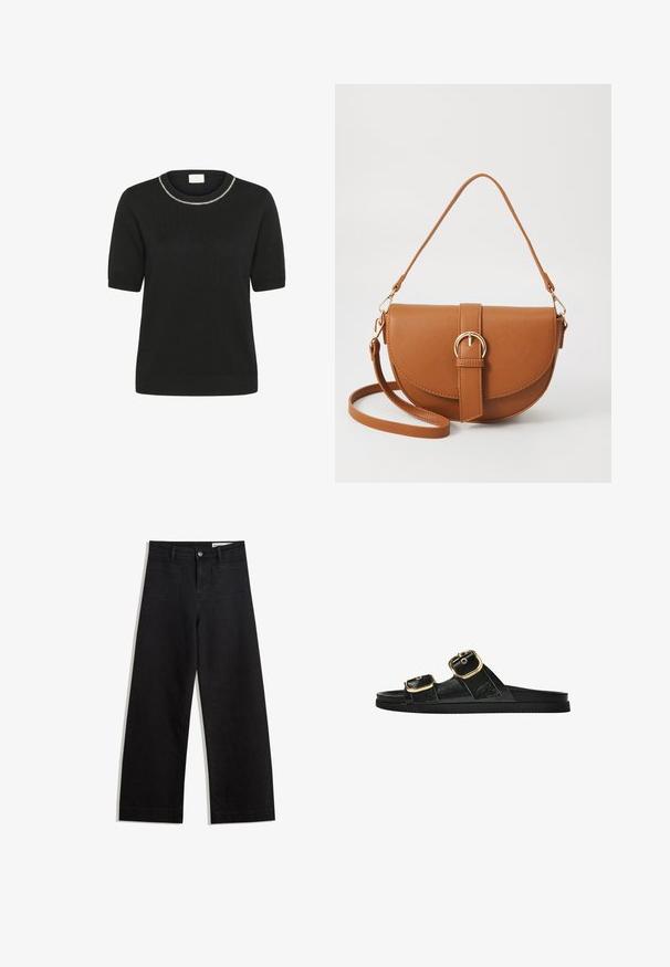 Kaffe Tričko s potlačou - black deep; Čierne denimové nohavice s širokými nohavicami a vysokým pásom, so prednými a zadnými vreckami, šitými švami a zapínaním na gombík. Hladká textúra.; Čierne šľapky s dvoma zlatými prackami, hladký textúrovaný materiál, plochá podrážka a minimalistický dizajn.; Hnedá kožená kabelka cez telo s zakriveným tvarom, zlatými kovovými doplnkami a akcentom s prackou. Obsahuje odnímateľný ramenný popruh.
