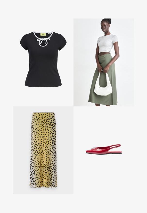 Must rõngas kaelusega lühikeste varrukatega must T-särk pehmest kangast, valge äärisega ja keskel lipsuga detailiga. Suurus väikene.; Kollase ja mustade täppidega midi seelik, mis on valmistatud kergest kangast, omades siledat tekstuuri ja sirget lõiget äärega.; Punane nahast slingback tasane king, millel on terav nina ja dekoratiivne nöördetail ees, õhuke pahkluu rihm ja litte talla. ; Hallid hall pitsakene ja oliiviroheline kõrge vöökohtadega seelik. Mudel hoiab käes valget õlakotit, millel on lõikega detailid. Lihtne disain, vormiline siluett.