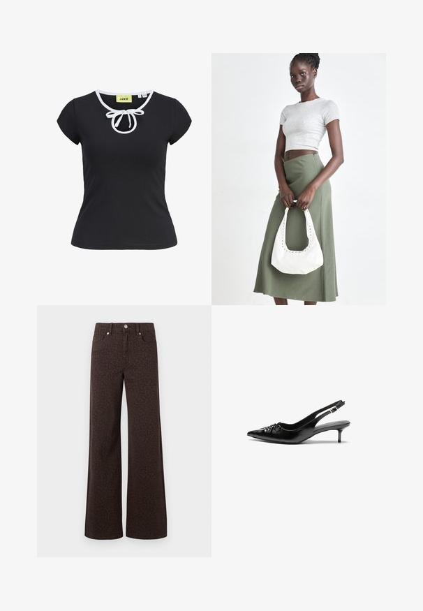 Črna kratka majica s kratkimi rokavi iz mehkega materiala z okroglo ovratnico, belim robom in osrednjim detajlom v obliki metuljčka na vratu. Velikost S.; Rjave široke kavbojke z diskretnim leopardjim vzorcem, izdelane iz denima z gladko teksturo in klasičnim pet-pocket dizajnom.; Črne usnjene slingback pete z izostrenim nosom, majhno mačje peto in okrasno vozličasto podrobnostjo na sprednjem delu. Gladka tekstura po celotni površini.; Sivina rebrasta kratka majica in olivno zelena krila z visokim pasom. Model drži belo torbico za na rame s izrezljanjem. Preprost dizajn, oprijet silhueta.