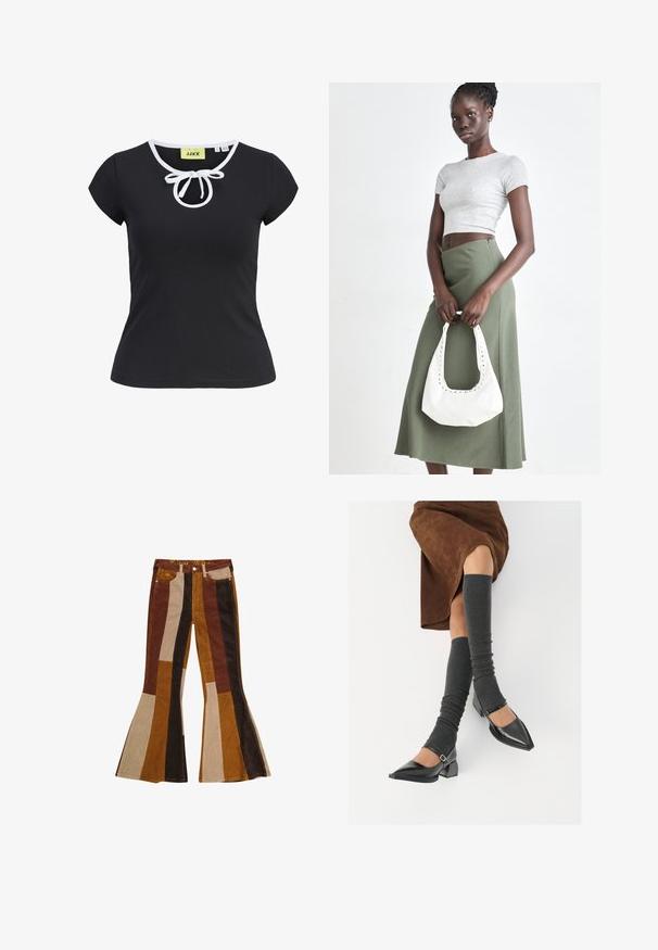 Svart kortermet T-skjorte i myk stoff med rund hals, hvit kant og en sentral sløyfedetalj ved halsen. Størrelse liten.; Vidgående cordbukser i kordfløyel med stripemønster i nyanser av brunt, beige og gull, med lommer og farget midjebånd.; Sorte lakkpumps med spiss tå, blokkhel, og ankelstropp, kombinert med grå ribbestrikkede beinvarmere og et brunt semsket skinn skjørt.; Grå ribbet topp og olivengrønn høy midje skjørt. Modellen holder en hvit skulderveske med utskjæringsdetaljer. Enkelt design, tettsittende silhuett.