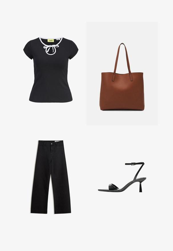 Črna kratka majica s kratkimi rokavi iz mehkega materiala z okroglo ovratnico, belim robom in osrednjim detajlom v obliki metuljčka na vratu. Velikost S.; Črne široke denim hlače z visokim pasom, ki imajo sprednje in zadnje žepe, šivane šive ter gumbasto zapiranje. Gladka tekstura.; Bershka Sandali z visoko peto - black; Rjava usnjena torba z gladko teksturo, odprto zasnovo zgoraj in dvema naramnima trakovoma. Opremljena je z minimalnim šivanjem in brez vidnih kovinskih delov.