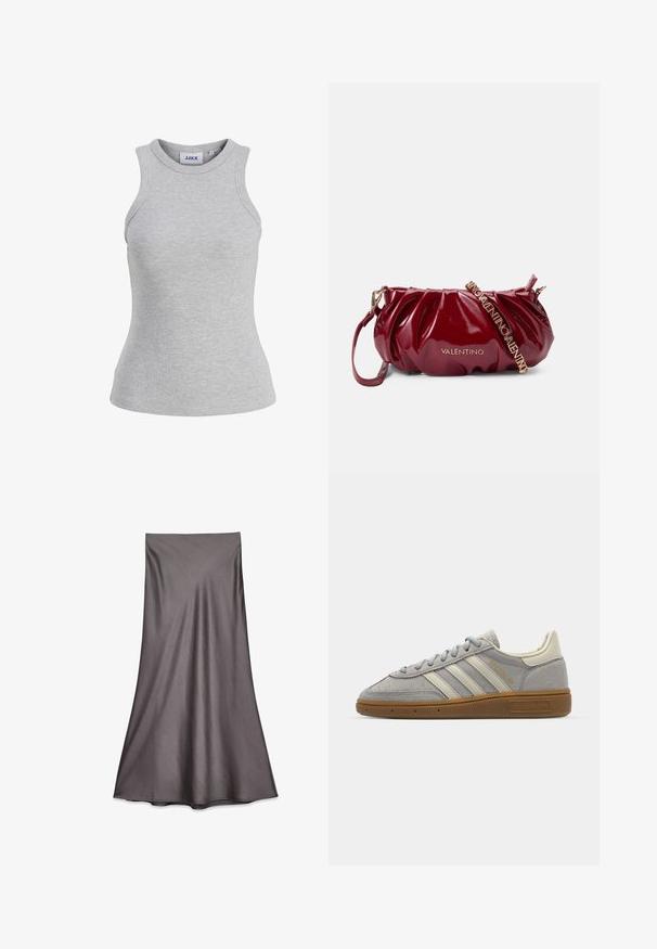 Grå randig linne med rund halsringning, ärmlös design och figurnära silhuett. Har en etikett från märket JJXX.; Grå satin midi kjol med en slät textur och flödande design. Har en rak skärning som faller strax under knäet, utan dekorationer.; Grå mockasneakers med ljusgrå läderlinjer och en gummigummi-sula. Funktioner inkluderar snörning och diskret logotyp på tungan.; Burgundyröd patenterad läderväska med en samlad design, guldfärgad hårdvara och en justerbar rem med "VALENTINO"-text.