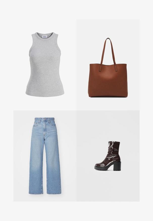 Pilkas kantas marškinėliai su apvaliame kakle, be rankovių dizainu ir prigludusia siluetu. Yra ženklelis iš JJXX prekės ženklo.; Šviesiai mėlynos aukšto liemens plačios kojos džinsai su priekiniais užtrauktukais ir sagom, priekinėmis ir galinėmis kišenėmis, ant baltos fono.; Blizgus burgundių spalvos kulknapis su tankiu juodu kulnu, pasižymintis lygiu paviršiumi ir paprastu dizainu. Nėra matomų užsegimų ar raštų.; Ruda odinė priekabų krepšys su glotnia tekstūra, atviru viršumi ir dviem petnešomis. Su minimalia siuvimo detalėmis ir nematoma aparatūra.