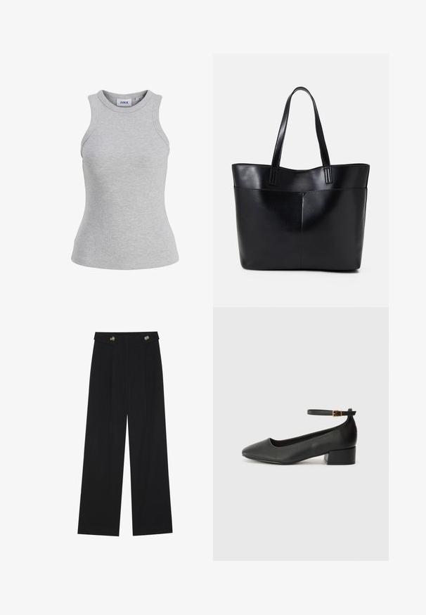 Gray ribbed tank top with a crew neckline, sleeveless design, and a fitted silhouette. Features a label from brand JJXX.; Black wide-leg trousers with high waist, button details on waistband, and front pleats.; Black leather pump with a pointed toe and a low block heel. Features an ankle strap with a gold-tone buckle. Smooth texture.; Black leather tote bag with two long handles, a smooth texture, and a structured shape. Features a front pocket for additional storage.