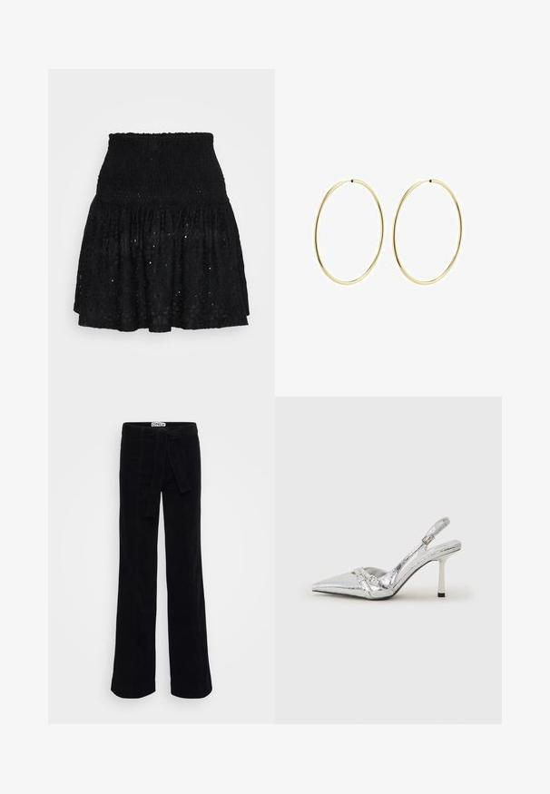 Sort blonde mini-sukker med en smocked talje, lagdelte volanter og hulmønstre hele vejen igennem. Blød tekstur med et let design.; Sorte fløjl brede bukser med et stofbælte, der har subtile syninger og en tætsiddende talje for en skræddersyet stil.; Sølv slingback højhælet sko med spids tå, metallisk finish, to dekorative stropper og en slank hæl med sort spids.; Guldøreringe med et glat, rundet design. Tynde og lette, med en kontinuert løkke uden udsmykninger.